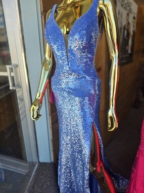 Blue Sequin V-Neck Prom Gown